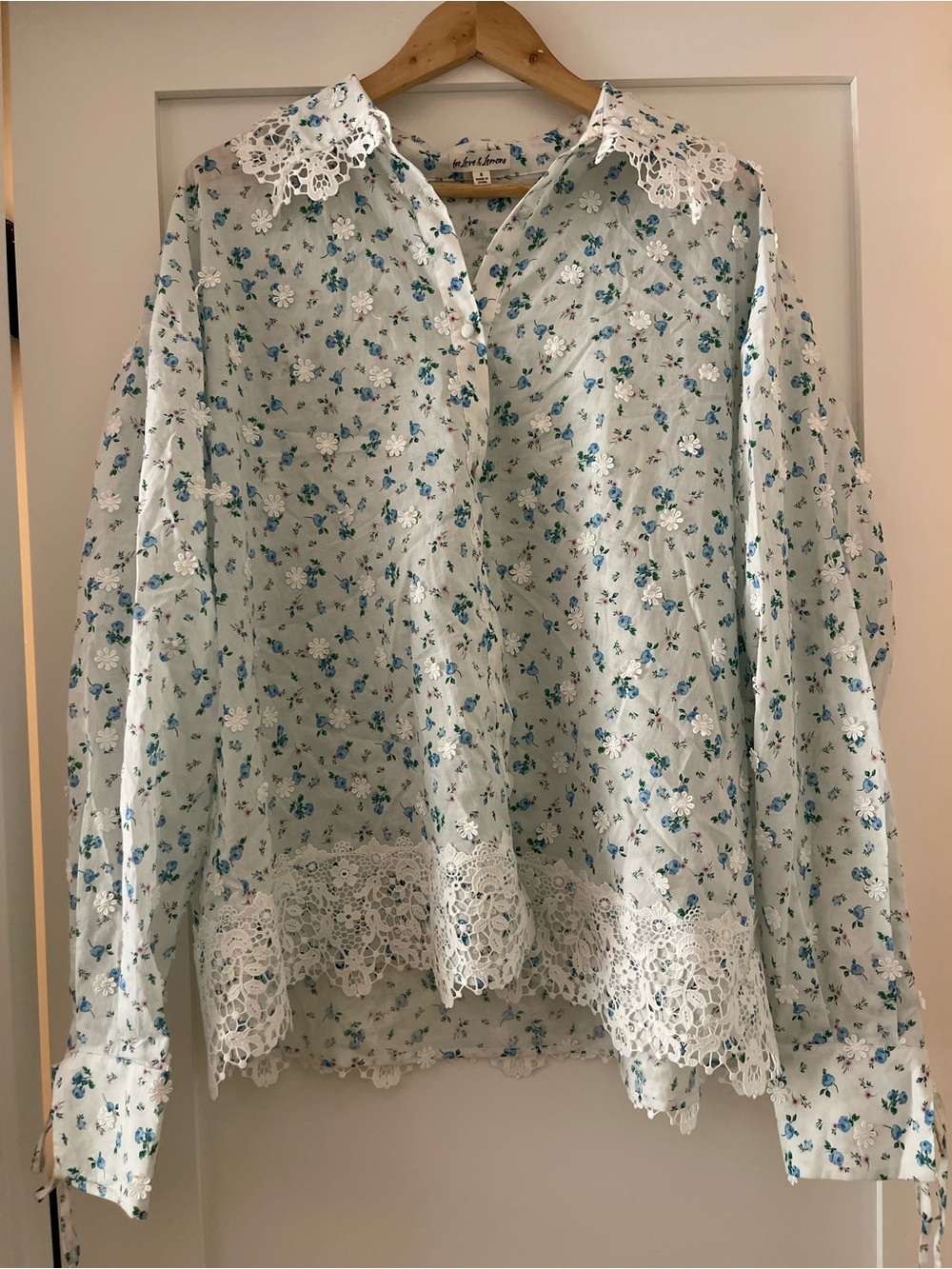 For Love And Lemons Pale Blue Floral Lace-Trim Button Down Shirt